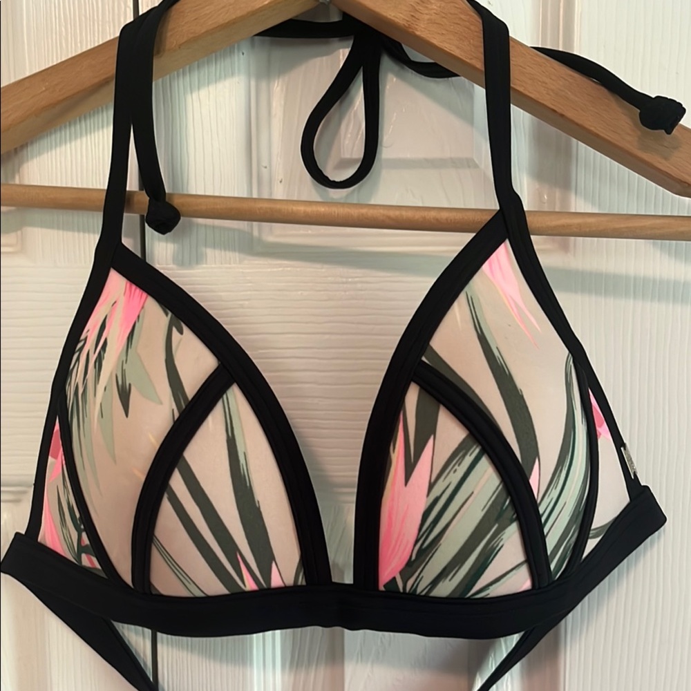Tropical Print Bikini Top, PINK, Padded, Size M